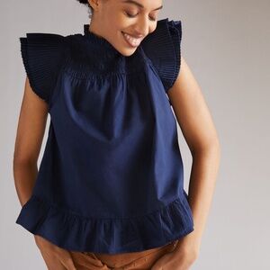 Love the Label Brand Smocked Peplum Navy Blouse Sz L